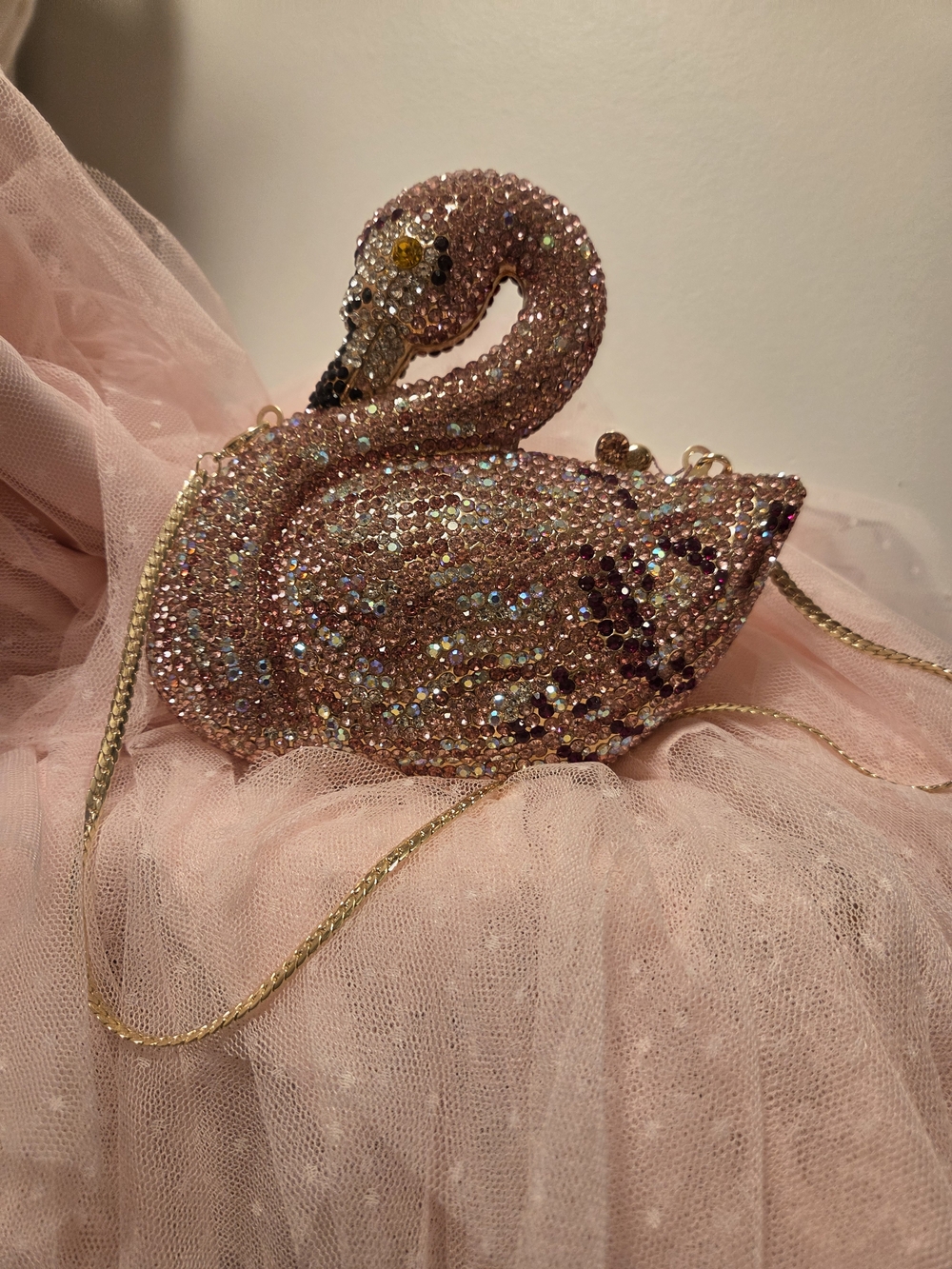 Crystal Embellished Pink Swan Evening Bag High-End Statement Clutch Shoulder Bag